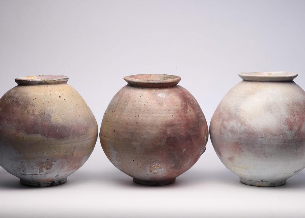 Three pots sit in a line against a white background