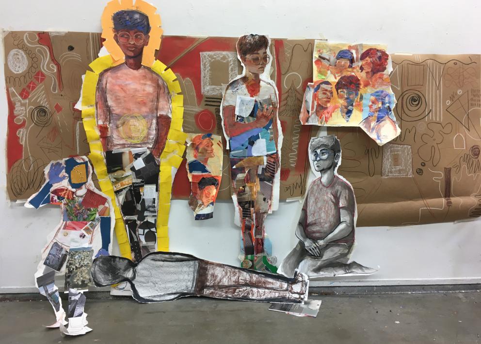 A collage of painted figures