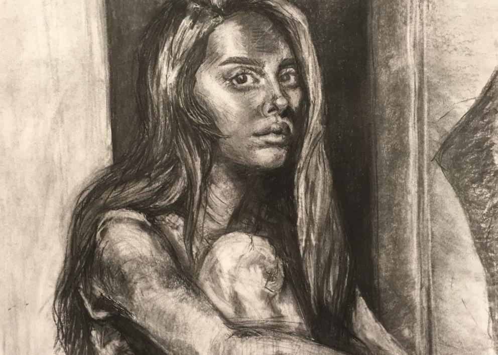 A charcoal drawing of a seated figure. She has her knee folded up to the chest and looks at the viewer