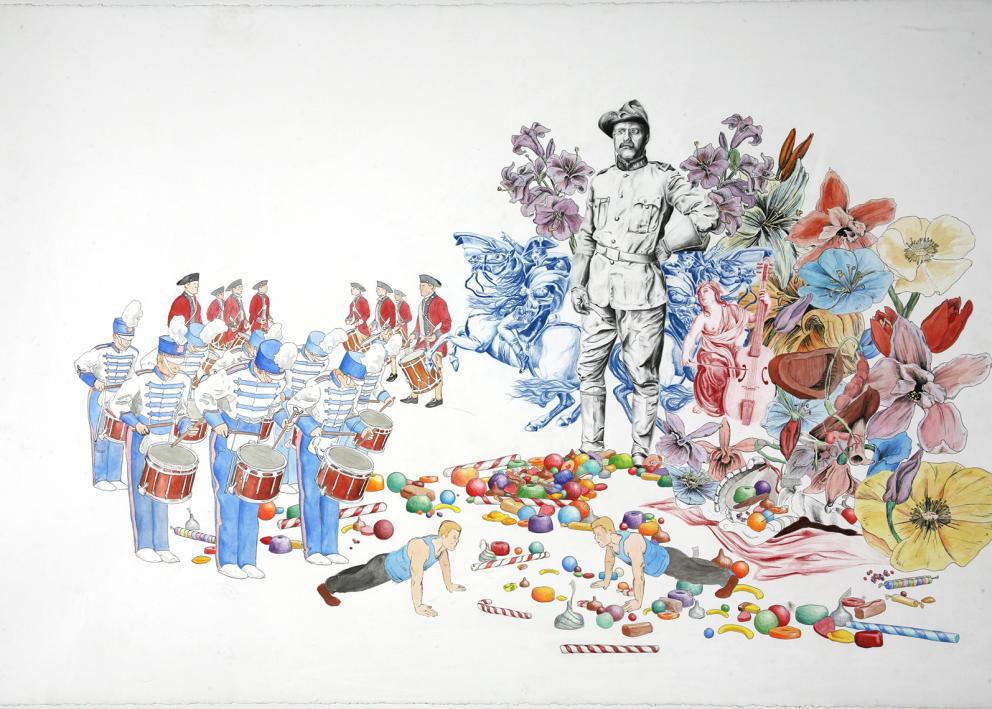 A colorful print of colonial soldiers, Teddy Roosevelt and flowers.