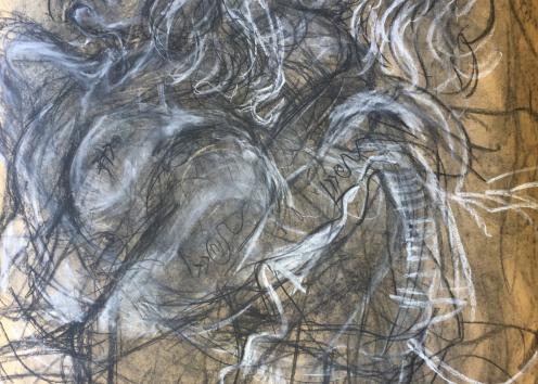 Two figures drawn in charcoal overlap