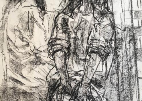 A charcoal drawing of two figures with long, wavy hair and rolled up sleeves. On faces the viewer, the other looks to the side.