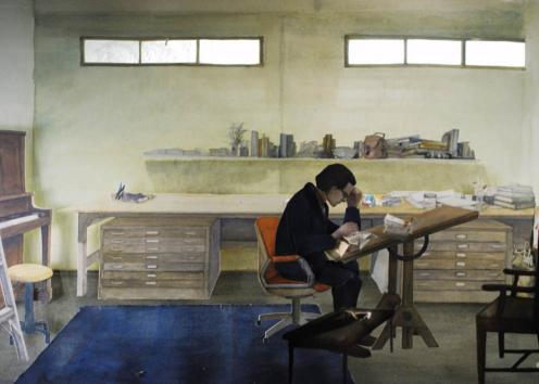 A figure sits at a drafting table, behind him are flat files and a work bench.